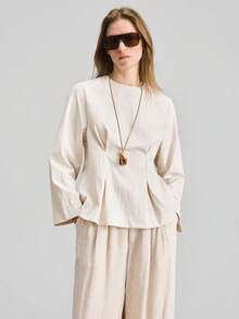 Ontre Women's Comfortable And Skin-Friendly Tencel Fabric Fitted Silhouette Dropped Shoulder Long Sleeve Waist Pleated Modern Elegant Wedding Guest, Minimalist Romantic French Luxurious Feel Urban Chic Business Casual Office Wear Beige Outfits For Women - Pink - View 1