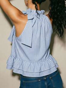 Glamine Elegant Ruffled Collar A-Line Striped Blouse With Double Ruffle Hem For Women - Blue and White - View 3