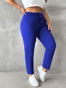 SHEIN Cottnline Solid Color Drawstring Plus Size Jogger Pants - Blue - View 5