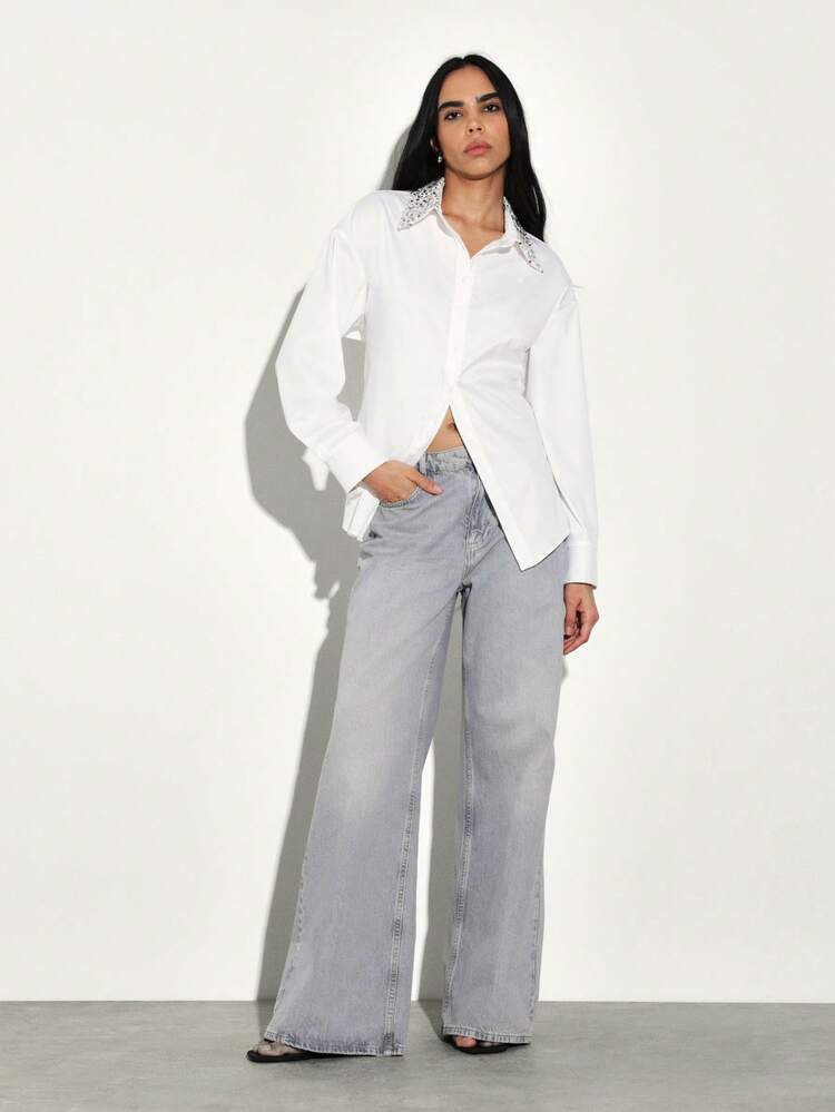 KSTM Women Long Sleeve Sequin Collar Button Down Shirt With Tie Back Detail White Blouse Office Casual Top