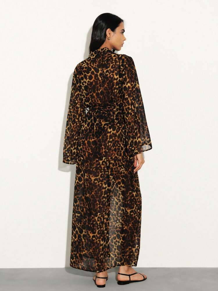 KSTM Leopard Print Long Chiffon Robe Cover Up With Belt Tie Waist Beach Vacation Resort Wear Kimono Style Cardigan