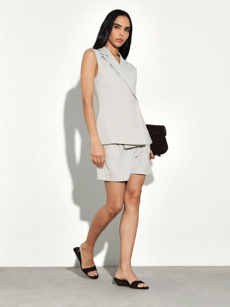 KSTM 노치드 라펠과 옆면 버튼 클로저가 있는 민소매 더블 브레스트 블레이저 베스트, 전문 작업복용