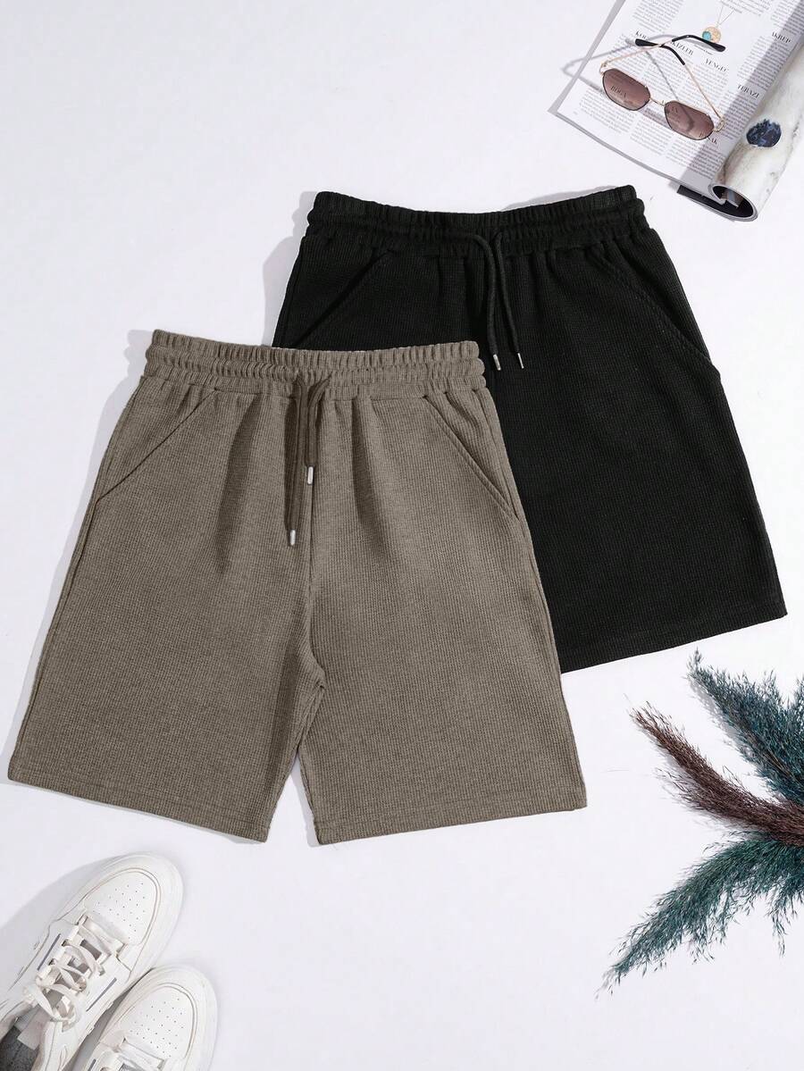 SHEIN Cottnline Pantalones cortos básicos de tejido de gofre para hombre, 2 piezas/set - Camel - Ver 1