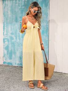 Vivid Eden 女士度假休闲条纹连体裤 - 鵝黃色 - 查看 7