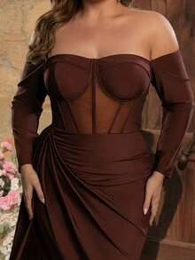 Glamrae 大码优雅深棕色露肩长袖网纱鱼骨褶裥鱼尾垂坠下摆长款晚礼服 - 咖啡棕 - 查看 10