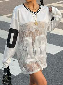 Muchica 女士休闲时尚街头风V领数字印花透视蕾丝落肩宽松长袖T恤，夏季 - 白色 - 查看 4