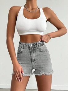 EURMUSE 100%Cotton Mini Heavy Destroy Short With Back Label Detail - Grey - View 5