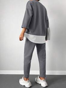 Cottnline Drop Shoulder 2 In 1 Tee & Seam Detail Sweatpants - Grey - View 2