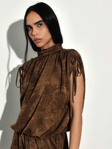 KSTM Drawstring Detailed Mock Neck Mini Dress With Shoulder Tie Accents And Blouson Silhouette For Casual Chic Style - Brown - View 5