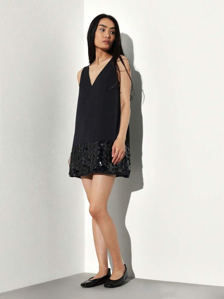 KSTM V Neck Sleeveless Sequin Hem Mini Dress Party Evening Occasion Sparkly Black Dress