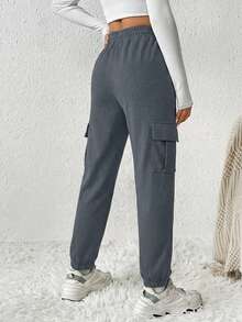 Cottnline Drawstring Waist Flap Pocket Side Cargo Sweatpants - Dark Grey - View 2