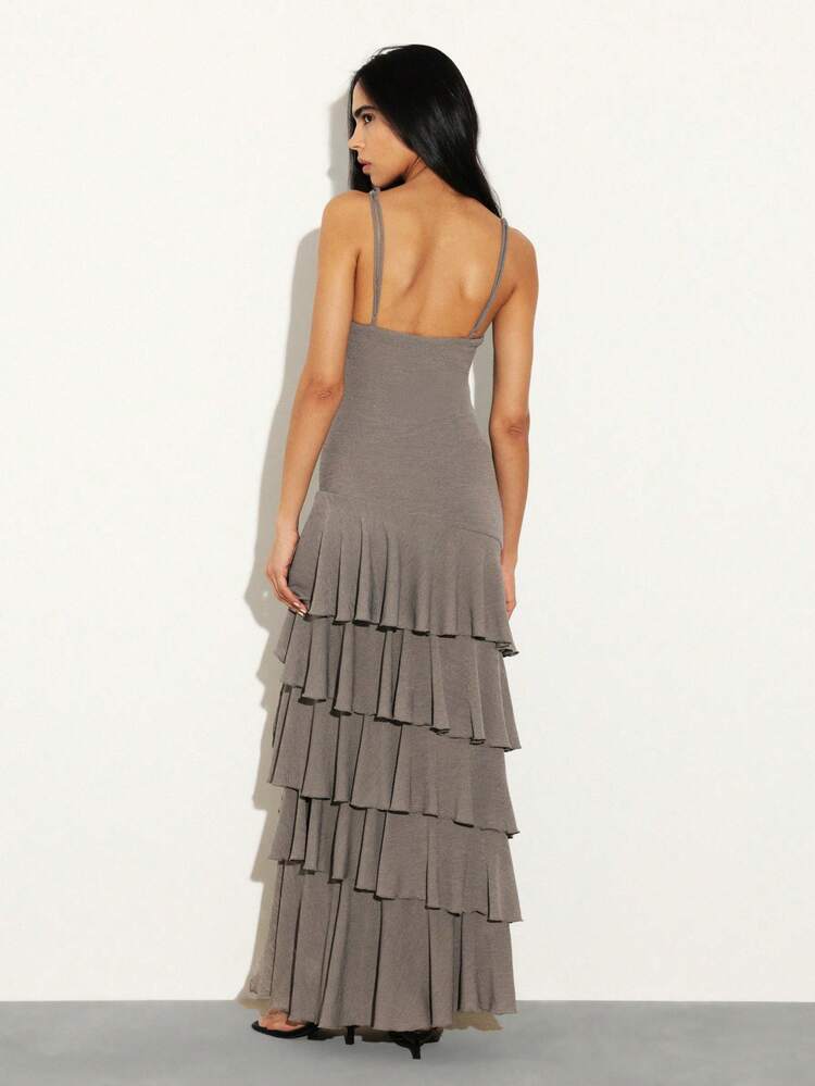 KSTM ティアードラッフルキャミソールストラップ ロングフロアレングス イブニング フォーマル ウェディングゲストドレス