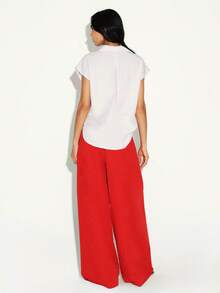 KSTM Pleated Wide Leg High Waisted Palazzo Pants For Women - Casual Chic Loose Fit Trousers With Front Pleats - Red - View 2