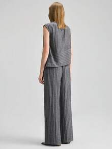 Ontre 女士藏蓝色白条纹衬衫长裤两件套，舒适柔软梭织面料，宽松版型，时尚都市风，商务休闲办公装，优雅婚礼宾客礼服，四季皆宜的百搭奢华品质套装 - 藏蓝色 - 查看 5