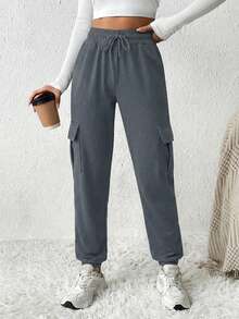 Cottnline Drawstring Waist Flap Pocket Side Cargo Sweatpants - Dark Grey - View 3