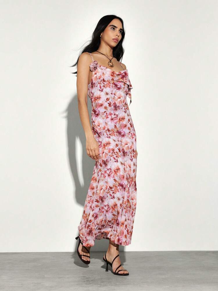 KSTM Women's Pink Floral Asymmetric Draped Cami Maxi Dress Spaghetti Strap Cowl Neck Summer Wedding Guest Outfit