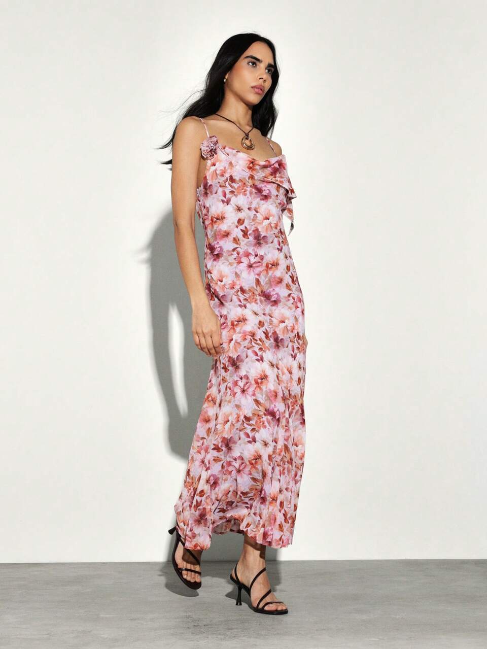 KSTM Women's Pink Floral Asymmetric Draped Cami Maxi Dress Spaghetti Strap Cowl Neck Summer Wedding Guest Outfit