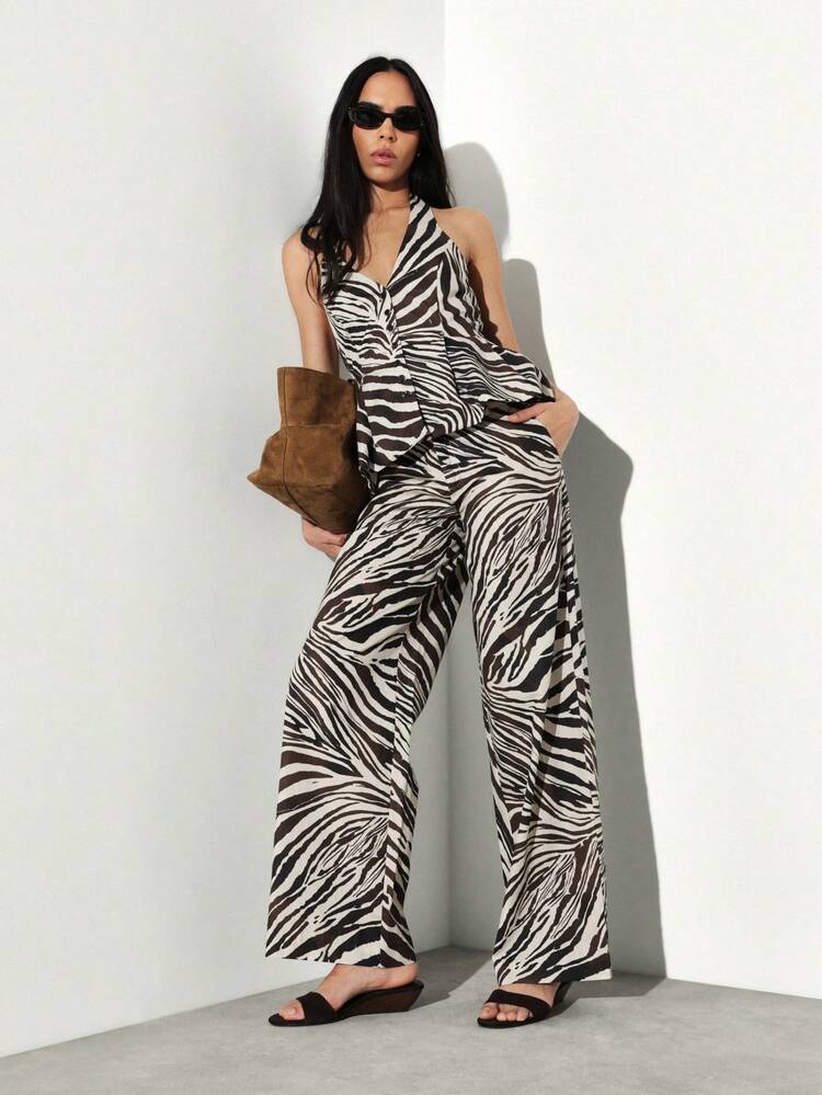 KSTM Calça Palazzo de Cintura Alta e Perna Larga com Estampa de Zebra e Silhueta Fluida para Estilo Casual de Verão