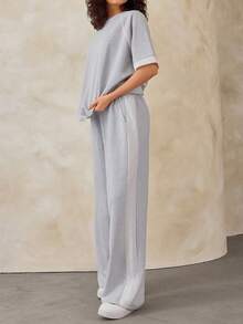 EURMUSE Sporty Chic Contrast Piping Round Neck Grey Soft Cotton Tee And Wide-Leg Pants Set - Grey - View 1
