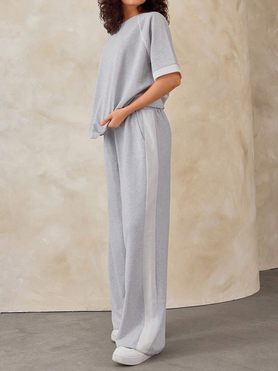 EURMUSE Sporty Chic Contrast Piping Round Neck Grey Soft Cotton Tee And Wide-Leg Pants Set - Grey - View 1