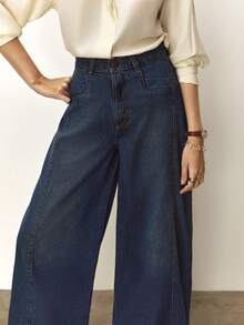 Daynim Calça Jeans Feminina Wide Leg com Bolsos Diferenciados Lavagem Escura sem taxa de importação - Lavagem escura - Visão 5