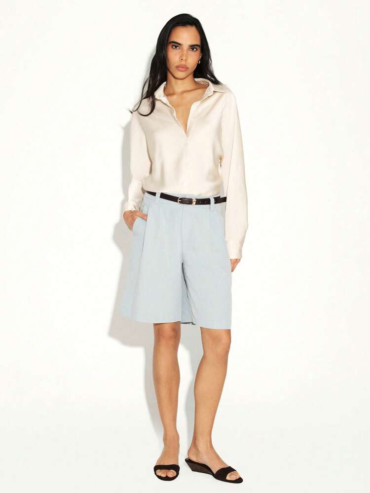 KSTM Women's Pleated Bermuda Shorts With High Waisted Tailored Design And Belt Loops For Casual Summer Office Wear