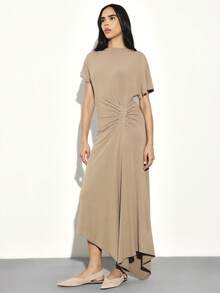 KSTM Women Asymmetrical Maxi Dress Short Sleeve Side Ruched Draped Hem Casual Long Dress Round Neck Twisted Detail Summer Fall - Grey - View 4
