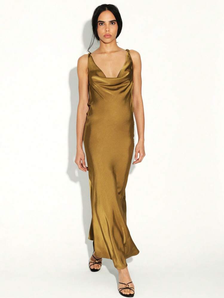 KSTM Women's Satin Maxi Dress With Cowl Neckline Side Tie Detail Backless Evening Formal Party Gown