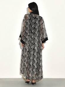 KSTM Womens Long Paisley Print Mesh Kimono Cover Up Open Front Cardigan With Black Trim Boho Beach Robe - Black and White - View 2