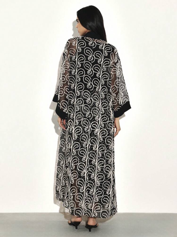KSTM Women's Long Paisley Print Mesh Kimono Cover Up Open Front Cardigan With Black Trim Boho Beach Robe