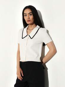 KSTM Short Sleeve Peter Pan Collar Knit Cardigan With Black Contrast Trim For Vintage Preppy Style - Beige - View 5
