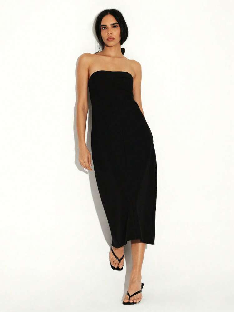 KSTM Strapless Black Midi Dress With Straight Neckline Perfect For Evening Party Wedding Guest Formal Occasions Elegant Sleeveless Design