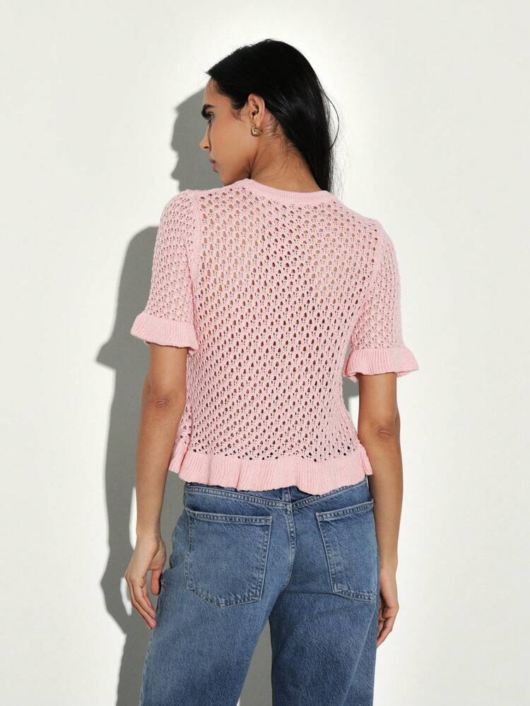 KSTM Top court à manches courtes en tricot crocheté pour femmes avec bords volantés et texture ajourée, pour le printemps et l'été