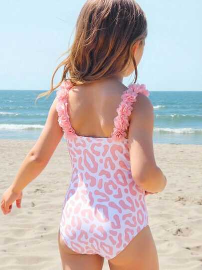 SHEIN Emery Rose Kids Tween Girls/Tween Girl Knitted Striped Bowknot Design 3D Floral One-Piece Swimsuit Girls Pink Bow Swimsuit Girls Striped Swimsuit One Piece Swimsuit Girls Pink One Piece Swimsuit Girls Swimwear