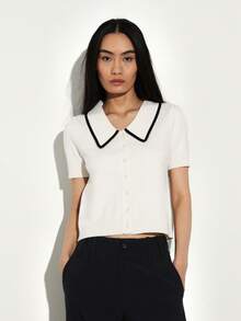 KSTM Short Sleeve Peter Pan Collar Knit Cardigan With Black Contrast Trim For Vintage Preppy Style - Beige - View 1