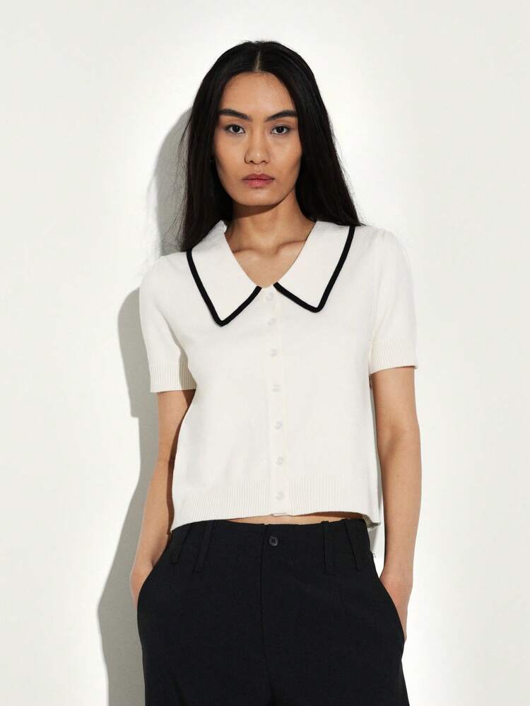 KSTM Krótki kardigan z dzianiny z kołnierzykiem Piotruś Pan i czarnym kontrastowym wykończeniem w stylu vintage preppy