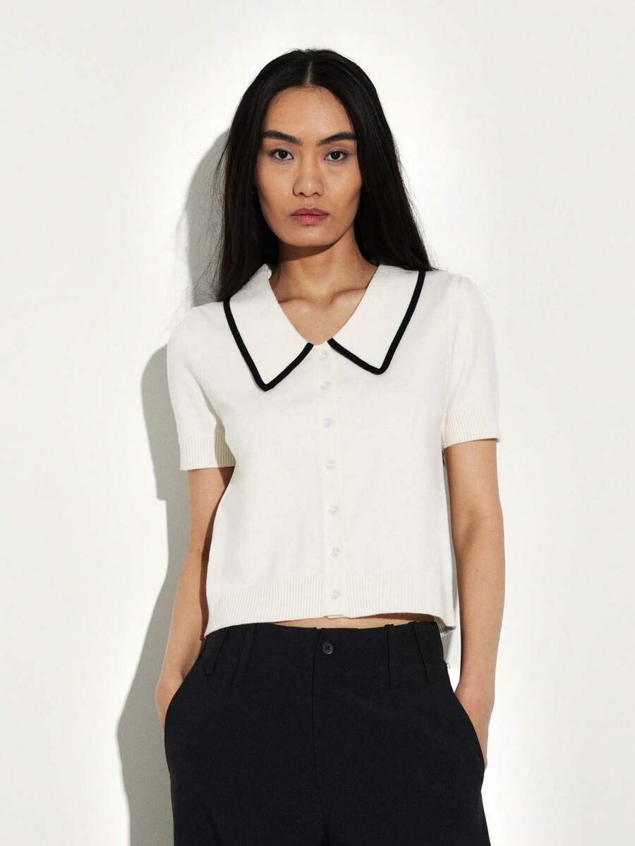KSTM Short Sleeve Peter Pan Collar Knit Cardigan With Black Contrast Trim For Vintage Preppy Style - Beige - View 1