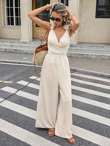 SHEIN Frenchy Bộ jumpsuit nữ màu trơn, không tay, hở lưng, viền bèo nhún, kiểu dáng thường ngày, thời trang mùa hè. - Màu be - Xem 6
