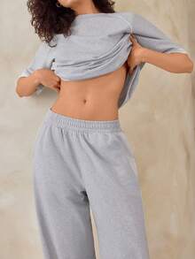 EURMUSE Sporty Chic Contrast Piping Round Neck Grey Soft Cotton Tee And Wide-Leg Pants Set - Grey - View 5