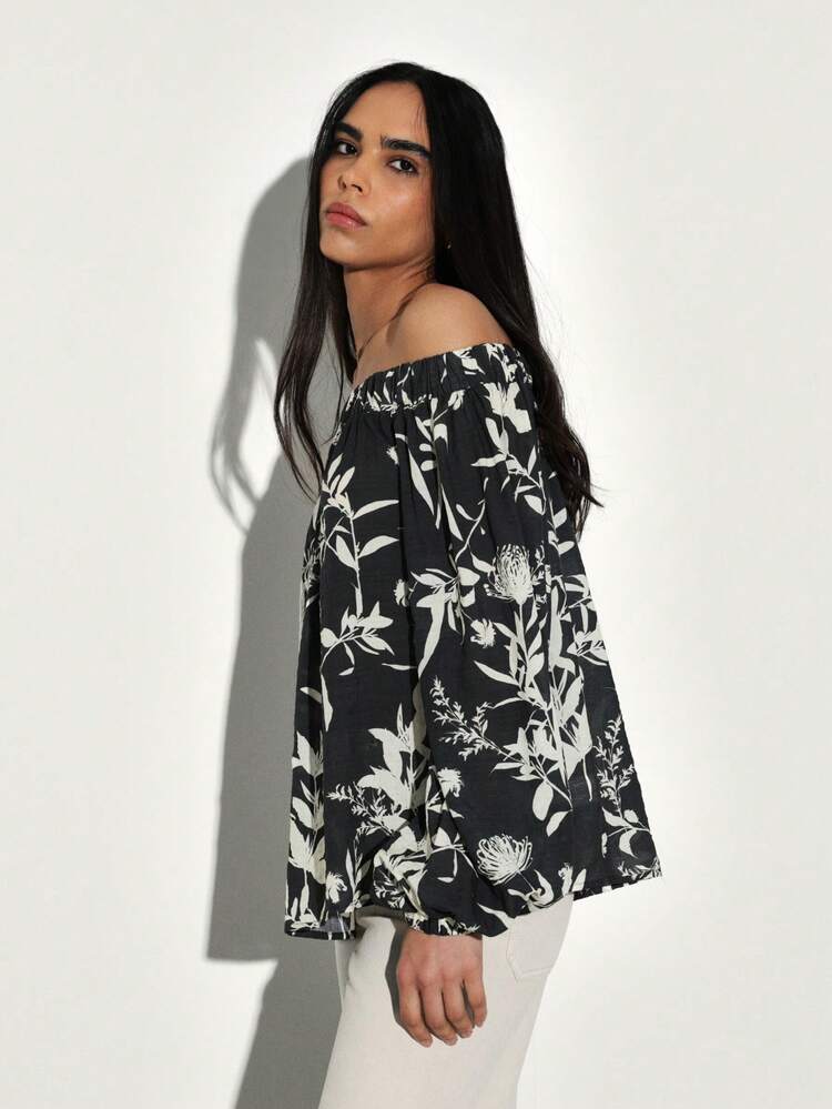 KSTM Off-Shoulder Bluse mit langen Ärmeln, Blume Muster, schwarzes Oberteil mit elastischem Ausschnitt, lässiger, bohemian-artiger Stil für Gartenfeste im Frühling und Sommer