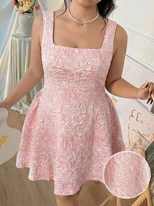 CovetEZ Vestido de talla grande sin mangas de encaje blanco puro con jacquard que ciñe la cintura en forma de A, adecuado para el Día de San Valentín, citas y fiestas - Rosa - Ver 5