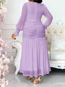 SHEIN Lady CURVE Plus Size Elegant Party Purple  Ruched Waist Dress Summer Dress Spring Dress - Purple - View 6