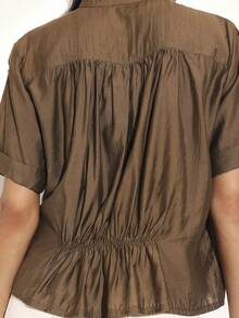 KSTM Blusa de manga corta con cintura recogida, botones delanteros y mangas enrolladas para uso casual en la oficina - Marrón - Ver 6