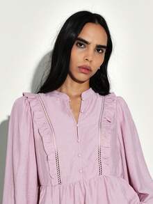 KSTM Women's Long Sleeve Ruffle Detail Blouse With Button Front And Ladder Trim Feminine Top For Casual Office - Purple - View 4