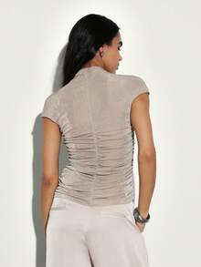 KSTM Gathered Mock Neck Short Sleeve Top With Ruched Detail For Casual Summer Fashion - Khaki - View 2