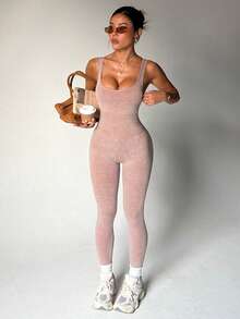 Seamluxe SHEIN Sport 无袖无缝高弹瑜伽健身连体衣 - 卡其色 - 查看 1