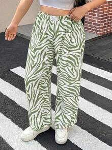 SHEIN EZwear 大码橄榄绿斑马纹弹力腰休闲裤，春夏款 - 橄欖綠 - 查看 4