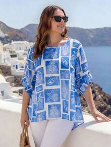 EMERY ROSE Plus Size Casual Blue Vacation Ocean Creature Print Summer Blouse, Blue And White Top Summer Beach Vacation - Blue and White - View 6
