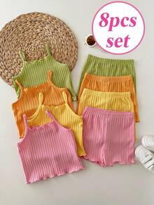 SHEIN 8pcs/Set Young Girl Solid Color Knit Camisole Top And Shorts Set - Multicolor - View 9