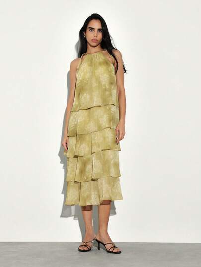 KSTM Women's Halter Neck Tiered Ruffle Midi Dress With Layered Design For Party Cocktail Evening Special Occasions